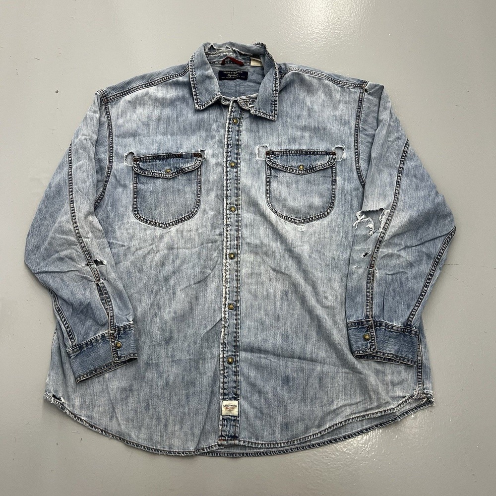 VTG Levis Denim Shirt Pearl Snap Mens 2XL Light Wash Long Sleeve Western Cowboy